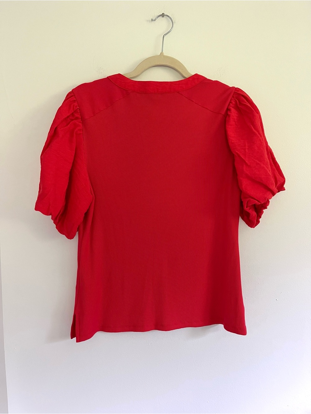 DKNY Red Mixed Media Puff-Sleeve Henley Top Romantic Casual Modern Tomato Girl L - Picture 6 of 6